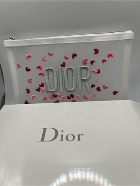 Dior White Cosmetic Pouch with Pink Embroidered Confetti